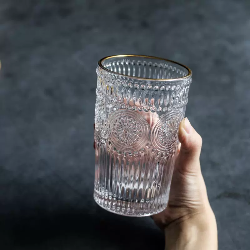 Sunflower retro relief glass home breakfast milk cup coffee cup gold edge fruit juice drink cup