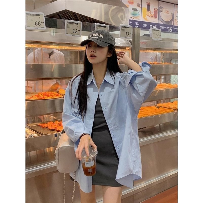 韩版简约休闲翻领蓝色长袖衬衫外套女学生春季宽松显瘦减龄上衣