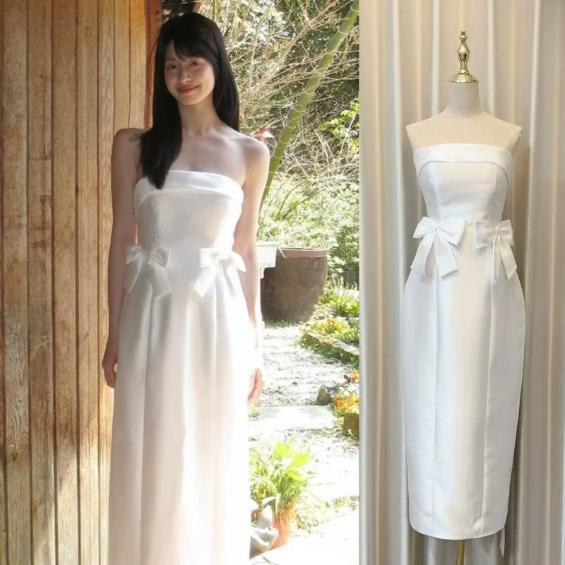 Французское атласное свадебное платье без бретелей, светлое, 2025, новое, для регистрации невесты, белый утренний халат, свадебная фата для женщин.