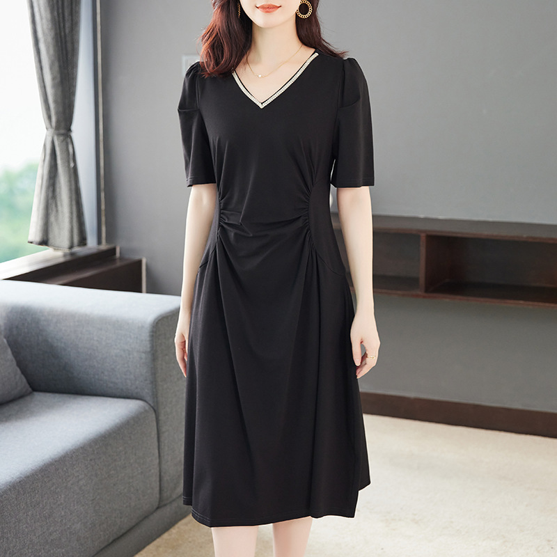 (맞춤형 가공) 원피스 대형 여성용 원피스 구슬 V-NECK 타이트 허리 슬리밍 착용 통근 통통 자매