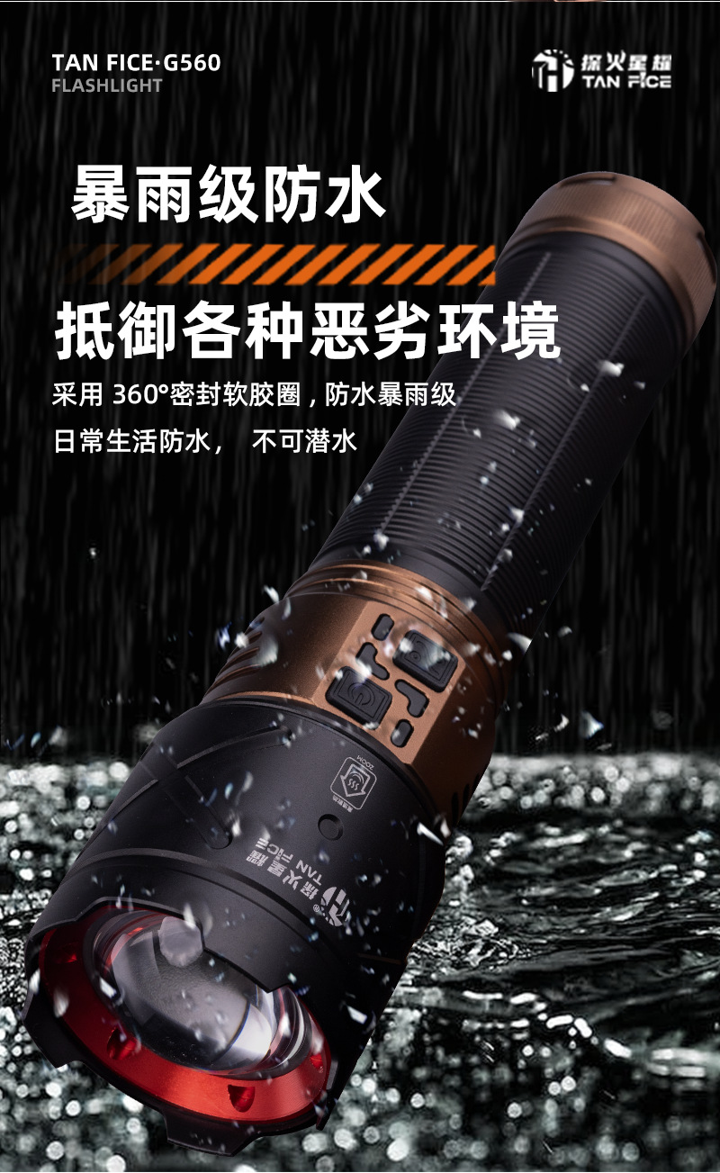Aluminum alloy flashlight with white laser, long battery life, large lithium battery, telescopic zoom, strong light, suitable for outdoor camping and home use