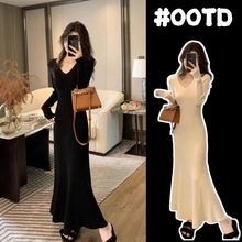 气质V领针织毛衣连衣裙女秋冬季辣妹小妈大衣内搭包臀鱼尾长裙