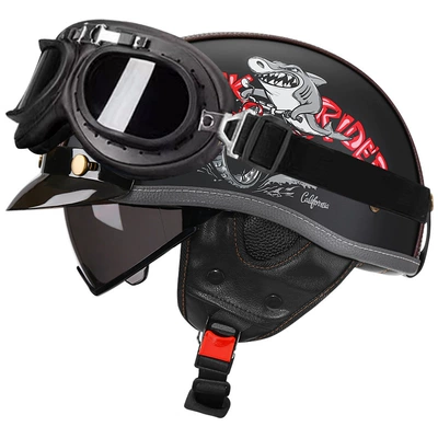 Helmet Leather Helmet for Men and, Motosiklet kaskı (dəbilqə) - yahei-shark-bully-tea-mirror-black-frame-mirror-m