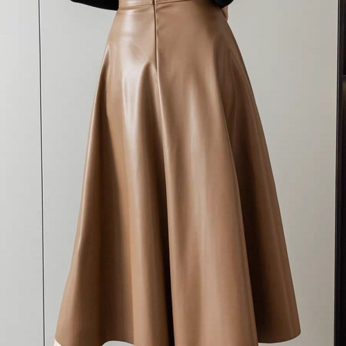 Pure Color PU Skirt Women's 2024 New Fall Winter High-Waist Slimming Elegant Medium-Length Full-Skirt A-Line Dress