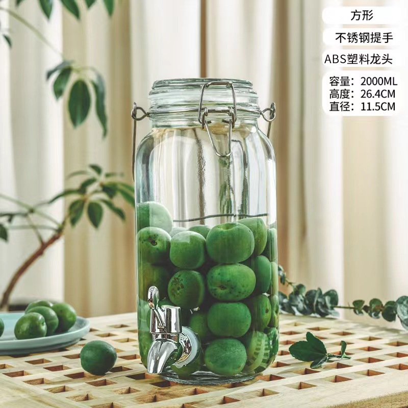 Botella de vidrio de remojo de licor, botella de remojo de licor de ciruela verde, botella de cerveza, botella de cierre de vidrio con mango de grifo