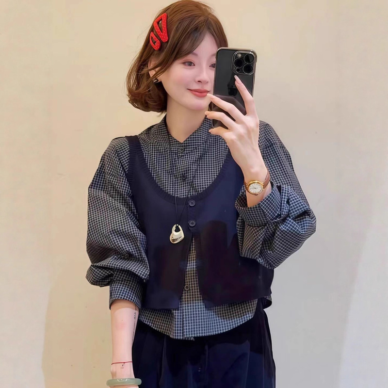 New Fashion Plaid Shirt Loose Top Fake Two-Piece Plaid Korean Style Knitted Suspender Layering