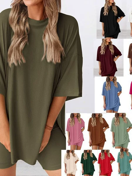 2026 Summer Cross-Border European and American Amazon Foreign Trade Fashion Casual Solid Color Loose Women's Pajama Set