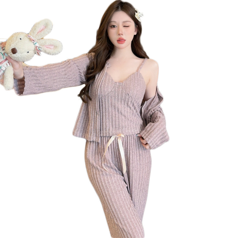 胸パッド付きパジャマ女性秋冬TRスレッドストラップカーディガン三点セット甘美お姫様風おうち着可|undefined