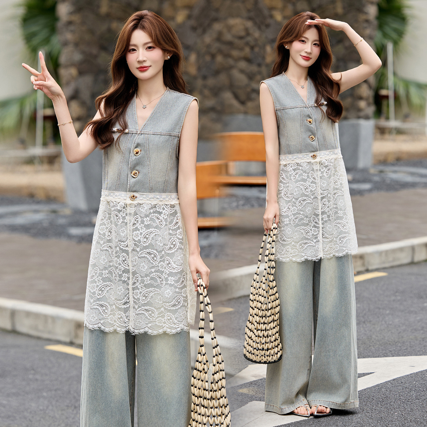 Bộ quần áo denim nữ gồm áo vest không tay và quần ống rộng AH8620 — Màu ảnh