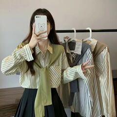 假两件ins风潮流百搭拼接竖条纹衬衫秋季新款设计感女装潮衣