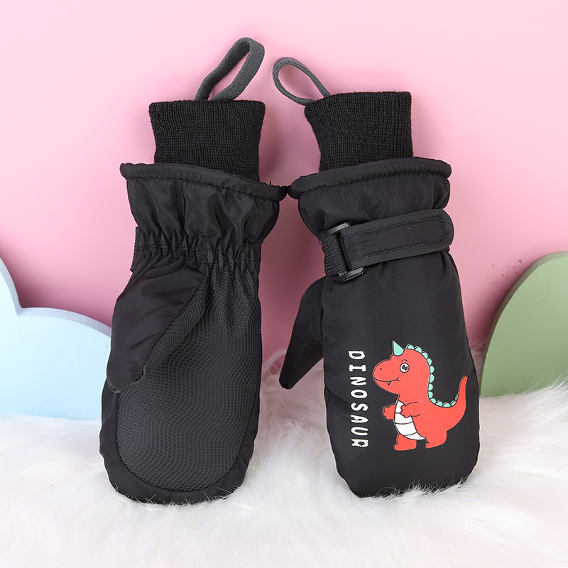 Invierno niños juegan nieve impermeable, calentamiento y espessado y dedos para esquiar dibujos animados dinosaurios guantes antideslizantes lindos