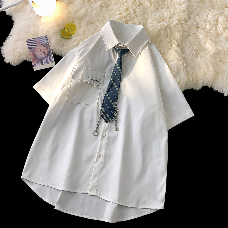 Comercio exterior japonés retro delgada JK corbata camisa verano de los Hombres estilo coreano moda suelta ins pareja todo partido color sólido