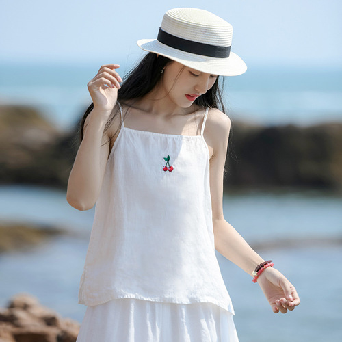 Cotton and linen women's clothing 2024 new sling women's summer linen embroidered inner solid color outer sleeveless top wholesale