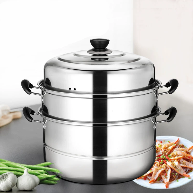 Stainless steel 2-4 tier steamer pot, thickened large-capacity, gas/induction compatible, multi-layer
