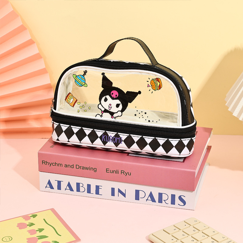 Cartoon Sanrio estuche para lápices estilo ins portátil de doble capa transparente de gran capacidad lindo bolso de papelería tridimensional Kulomi