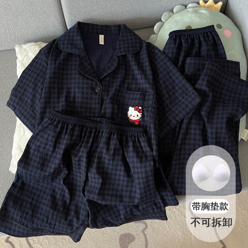 Women's summer pajama set with padded bra, featuring a cute kitten and cloud pattern, made of pure cotton gauze, short-sleeved, and designed as a three-piece loungewear set Women's summer pajama set with padded bra, featuring a cute kitten and cloud pattern, made of pure cotton gauze, short-sleeved, and designed as a three-piece loungewear set