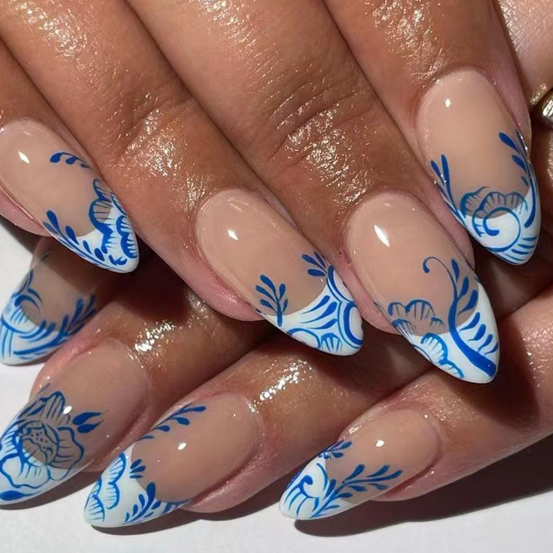 Long Almond Shaped Fake Nail White French Y2K Blue Flower Dressing Armor Art Removable Nail Pieces Wholesale