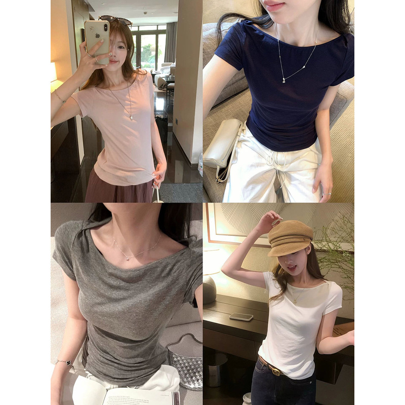 【10.7% Hemp, 82.9% Tencel】Hemp Lyocell Short-Sleeve Boat Neck T-Shirt, Summer 26, Stylish Thin Top