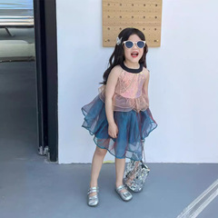 女童夏藍海傳說人魚公主裙生日禮服紗質拼接六一演出服無袖連衣裙