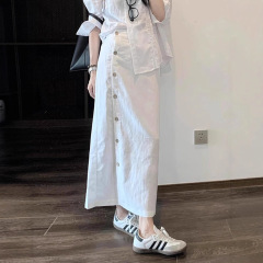 白色排扣半身裙女2025夏季新款小个子高腰显瘦一片式直筒中长裙子