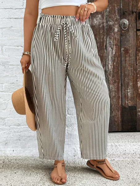 2026 European and American Cross-Border Amazon New Large Size Striped Casual Versatile Street Fashion Loose Wide-Leg Pants for Women
