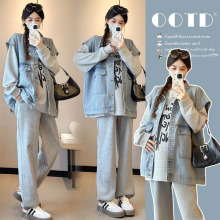 孕妇装2025秋季新款韩版时尚印花体恤+马甲 +阔腿裤 孕妇套装