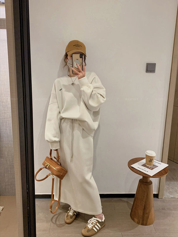 时尚套装女春秋新款2025休闲慵懒风圆领长袖卫衣高腰半身裙两件套|undefined