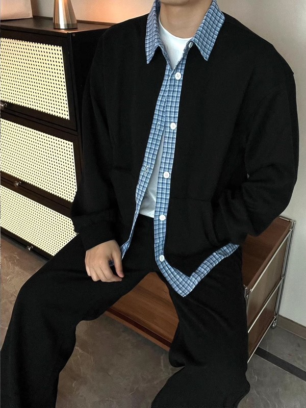 美式学院风格纹拼接假两件开衫外套男2025春秋新品宽松休闲夹克男|undefined