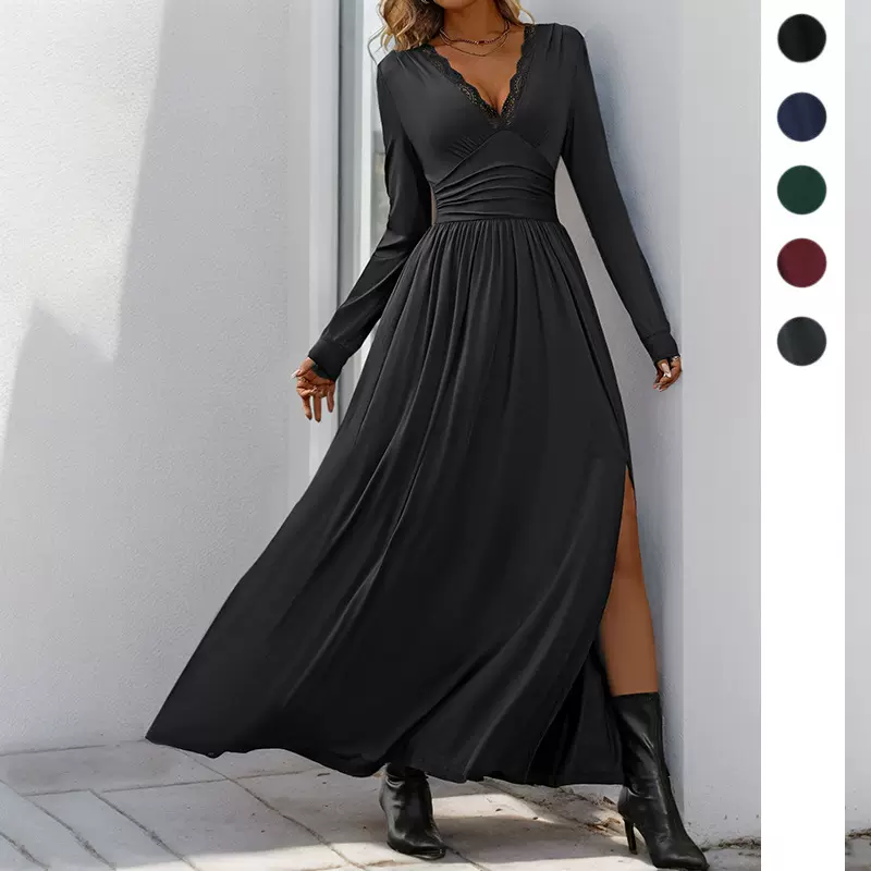 亚马逊爆款欧美跨境晚宴通勤优雅性感气质纯色蕾丝V领修身连衣裙