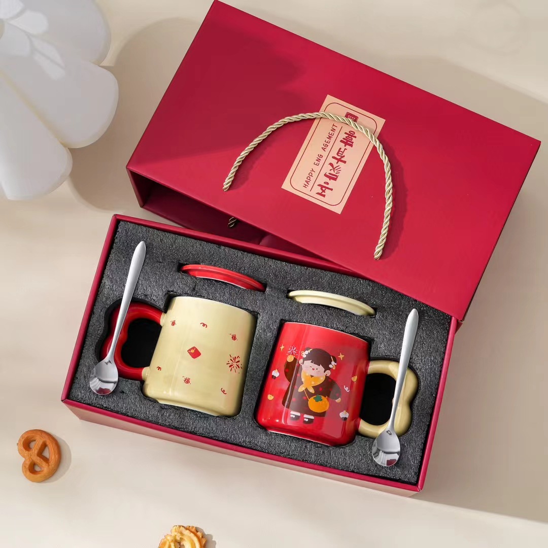 Creativo chico niña Año Nuevo taza de regalo para pareja caja de regalo de cerámica taza de café china de boda