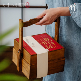 Double-Layer Mid-Autumn Mooncake Packaging Box Wooden 8-Piece Solid Wood Basket Ice Skin National Style Gift Box High-End 2024 Customization