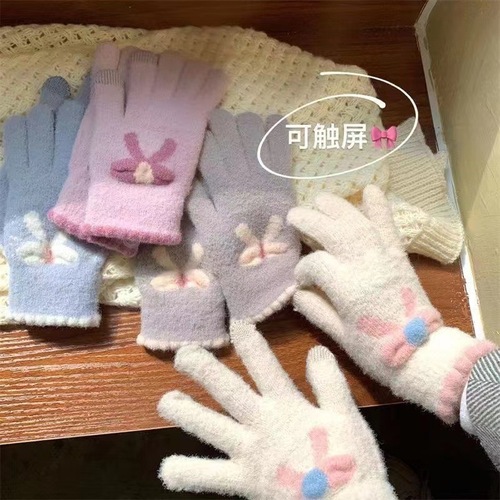 Touch screen knitted gloves for women in autumn and winter woolen warm five-finger cute student winter cycling new bow