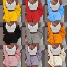 跨境外贸亚马逊爆款女装欧美2025秋冬长袖毛绒三件套背心短裤套装