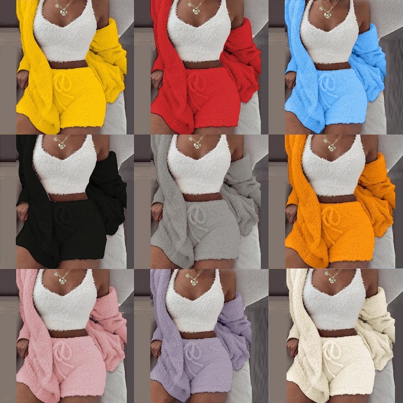 跨境外贸亚马逊爆款女装欧美2025秋冬长袖毛绒三件套背心短裤套装