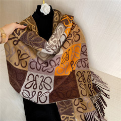 Autumn/Winter New Color-blocking Striped Brown Cashmere-like Warm Casual Scarf for Women, Outerwear with Long Tassels