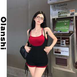 纯欲风辣妹撞色假两件吊带连体衣夏季绑带修身连体短裤女休闲裤子