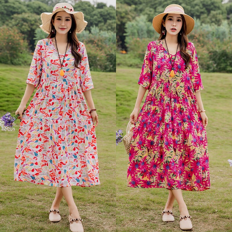 New Stylish Cotton Dress for Middle-Aged Moms, Summer Long Dress with a Large Hem, Artificial Cotton, Summer Outfit for 50-Year-Old Women New Stylish Cotton Dress for Middle-Aged Moms, Summer Long Dress with a Large Hem, Artificial Cotton, Summer Outfit for 50-Year-Old Women