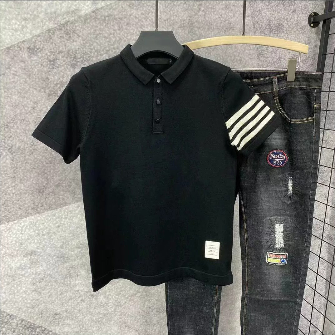 Polo camiseta de punto camiseta de manga corta camiseta de hombre con solapa cuatro barras rayas viejas líneas de negocios de verano fábrica transfronteriza mayorista
