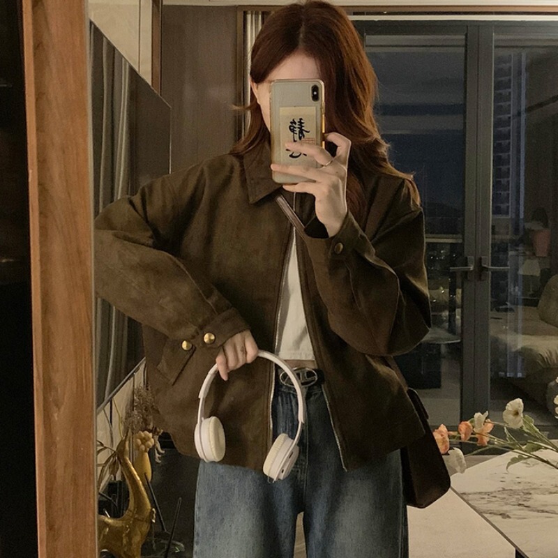 甜酷咖色麂皮绒外套女春秋新款复古小众短款美拉德上衣夹克小个子|undefined