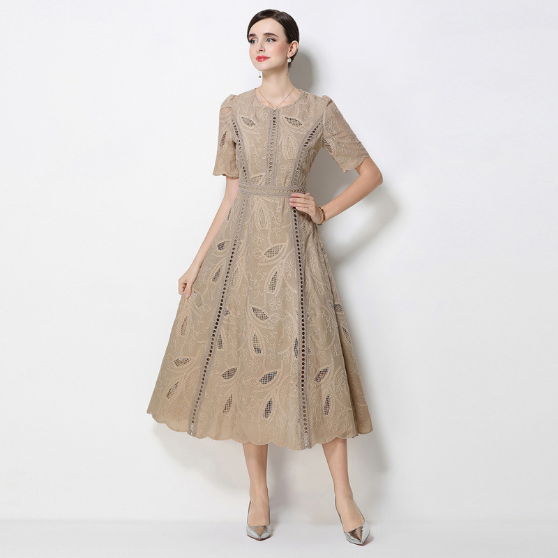 Đầm maxi nữ thắt eo cổ điển Pháp ren thêu họa tiết tay ngắn — màu đen, xanh nhạt, màu hồng, Xanh da trời nhạtcolor