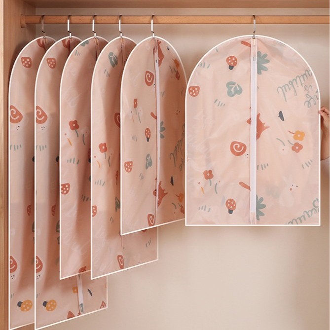 Ropa impermeable a prueba de polvo ropa colgante bolsa de dibujos animados impresión viaje plegable bolsa de almacenamiento transparente hogar cubierta de polvo plana