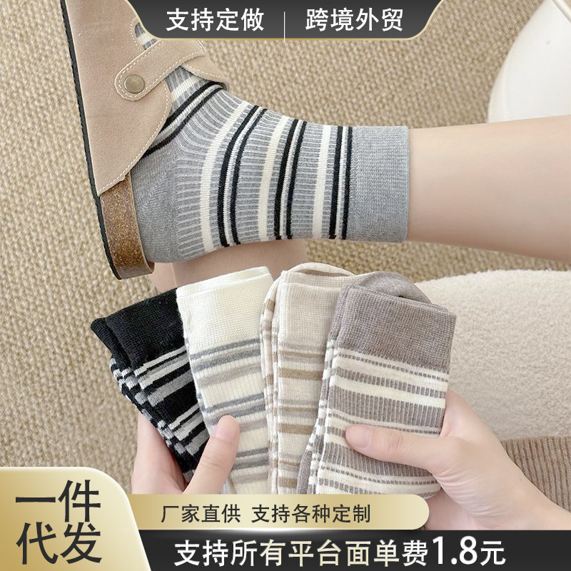 韩系条纹ins袜子女款春秋撞色宽松中筒长袜复古学院拼色堆堆长袜|undefined