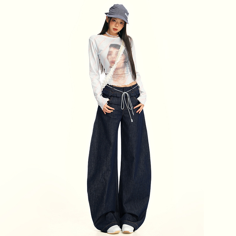 American-Style Spicy Girl Curved Hem Jeans for Women, 2025 Autumn Design, Ruffled Loose Straight-Leg Wide-Leg Pants