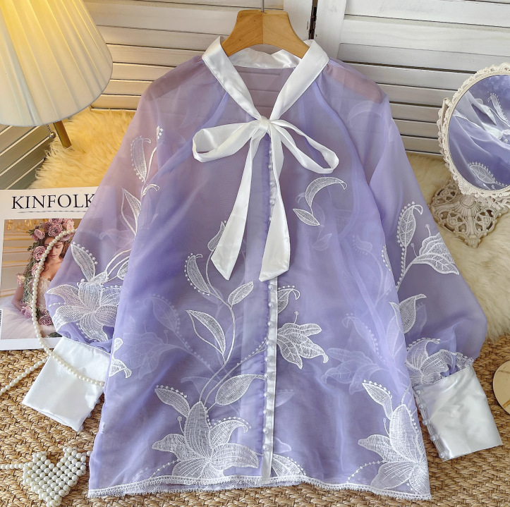 Damenbekleidung Damenoberteile neue Nische schwere Stickerei Schnürung Perlenknöpfe loses Netzhemd_voghion.com