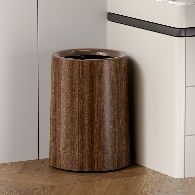Wood Grain Trash Can for Home Use, Simple Storage Bin with Wheels, Movable Sanitary Bin, Double-Layer Thickened Round Cleaning Bin