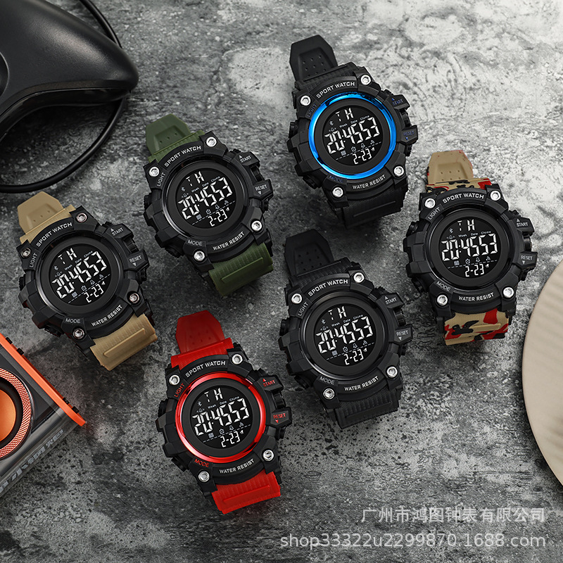 Nuevos deportes al aire libre militar camuflaje moda gran dial de los hombres luminoso reloj electrónico multifuncional reloj LED