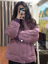 大码棉服外套短款冬学生设计感ins小众宽松小个子紫色加厚棉袄女