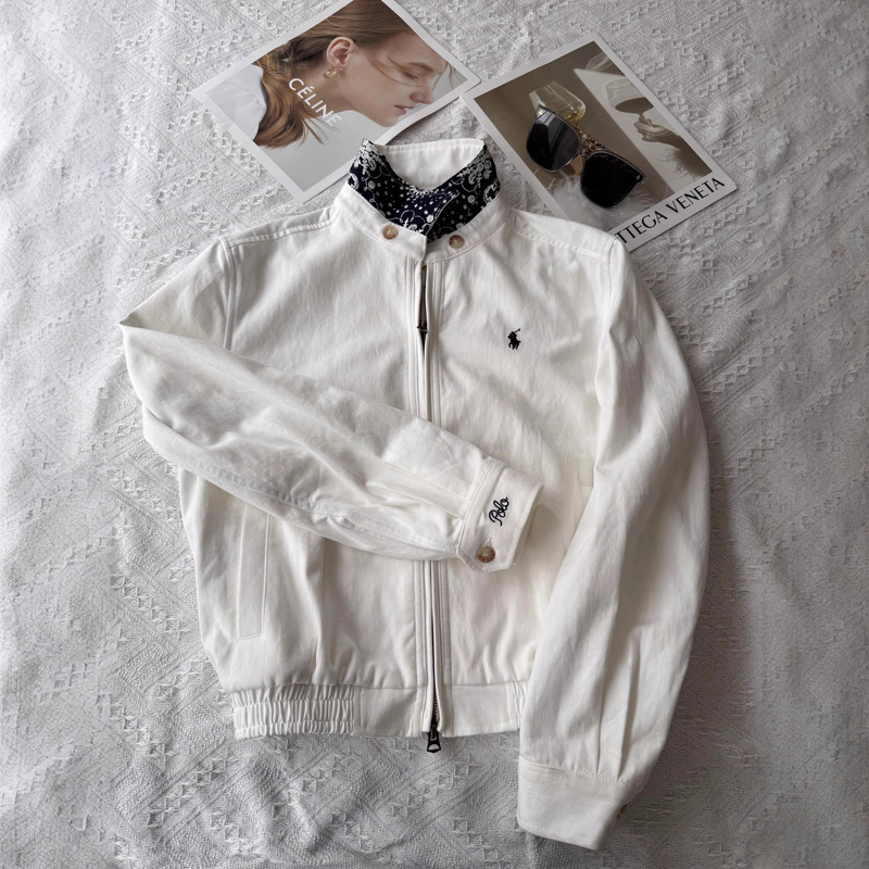 Rl Ralph Lauren Jacket Polo Denim Jacket with Blue and White Color-Blocking, Zip-Up Collar, Women's Jacket