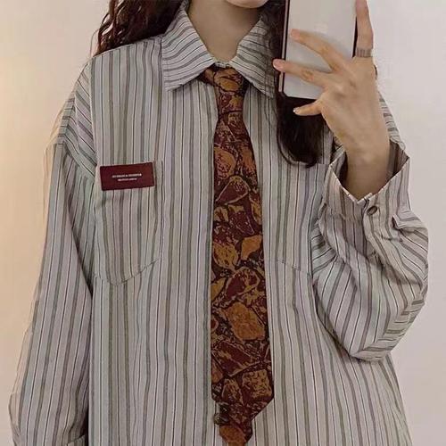 Coffee Striped Collar Tie Retro Style Color Blocking Green Handmade Vintage Casual Versatile Brown Shirt Trendy