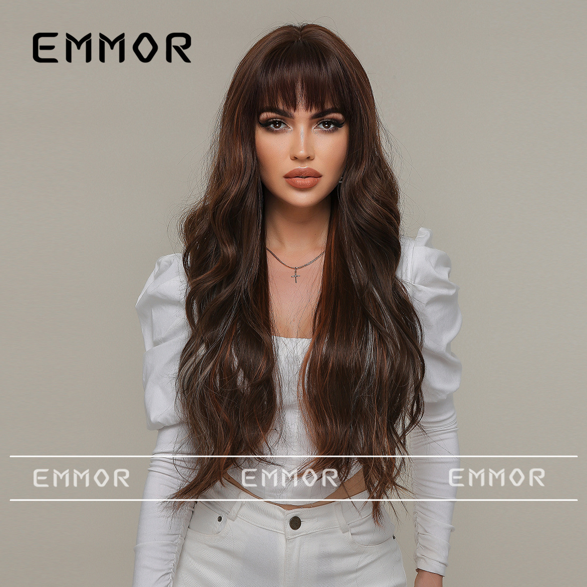 Emmor Amazon transfronterizo estilo europeo y americano nueva Peluca de mujer flequillo marrón largo pelo rizado Peluca de cabeza completa